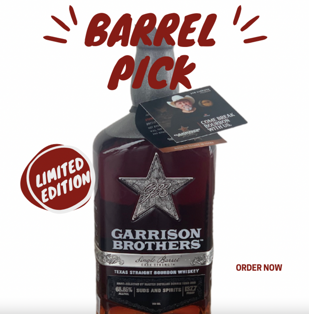 Barrel Pick Garrison Brothers with Whiskey Shipped, Single Barrel, Cask Strength Bourbon Whiskey