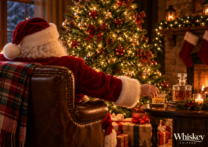 Merry Christmas card - Santa by the tree with a glass of whiskey