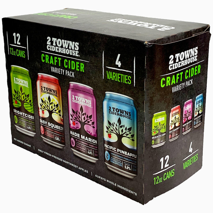 Containing some of 2 Towns best ciders, this variety pack contains 12 cans, with 4 different types of ciders. Showing off the versatility of hard cider, this pack includes 3 cans each of:
Bright Cider
Easy Squeezy
Made Marion
Pacific Pineapple