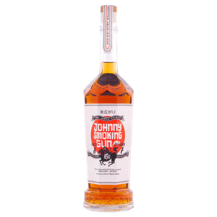 Two James Johnny Smoking Gun Whiskey (750 ml). Johnny Smoking Gun is a story of East–Meets-West. This is a whiskey crafted specifically to compliment the “umami” of the rich pork and fish broths of Japanese cuisine. Possessing intriguing smoke character from a two-stage maceration with a proprietary blend of Asian tea, this blend of 70% 7-year corn and 30% young rye will surely not disappoint. Enjoy and prosper!