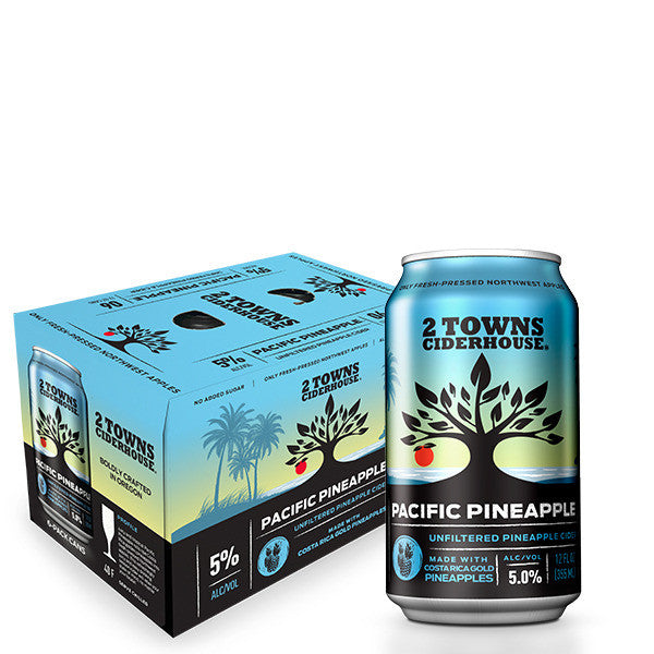 2 Towns Pacific Pineapple Cider 6-Pack Can (12oz). Juicy and tropical, Pacific Pineapple rolls ripe Costa Rica golden pineapples into fresh-pressed Northwest apples. This refreshingly juicy and easy drinking session cider will relax your state of mind, no matter your locale!