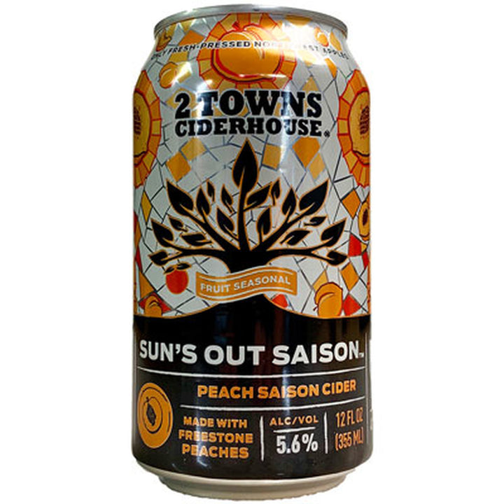 2 Towns Sun's Out Peach Saison Cider is brewed with apples fermented on peaches with a French saison yeast. Tart, dry, spicy and big peach aromatics. This is a nice cider that crosses into the complexity of saison style beers. 5.6% ABV.