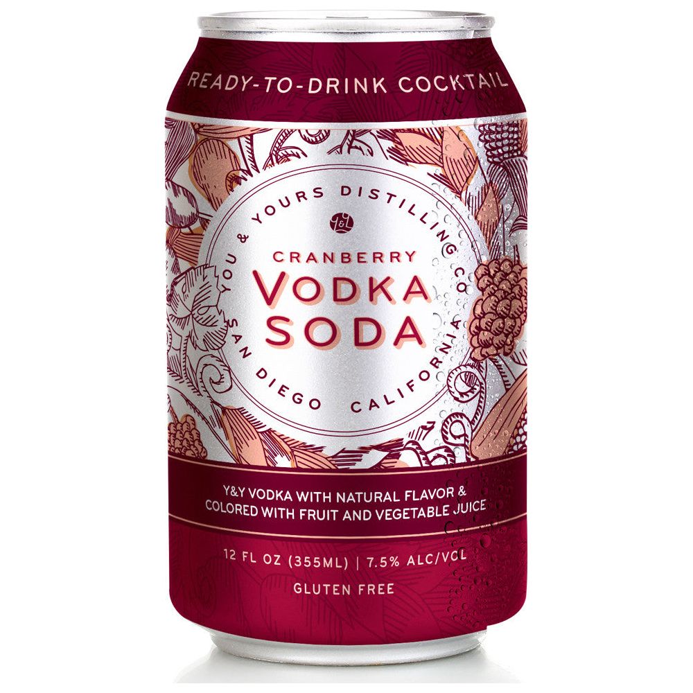 Cranberry Vodka Soda (355ml). Bring your taste buds alive with a burst of fresh cranberry and tart cherry goodness lovingly combined with the distinguished flavor of our distilled on-site, 100% grape-based Y&Y Vodka. Made with Y&Y Vodka with natural flavor and colored with fruit and vegetable juice. For best results, add your favorite people, some fine food and a sensational view.