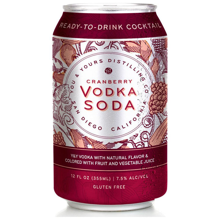 Cranberry Vodka Soda (355ml). Bring your taste buds alive with a burst of fresh cranberry and tart cherry goodness lovingly combined with the distinguished flavor of our distilled on-site, 100% grape-based Y&Y Vodka. Made with Y&Y Vodka with natural flavor and colored with fruit and vegetable juice. For best results, add your favorite people, some fine food and a sensational view.