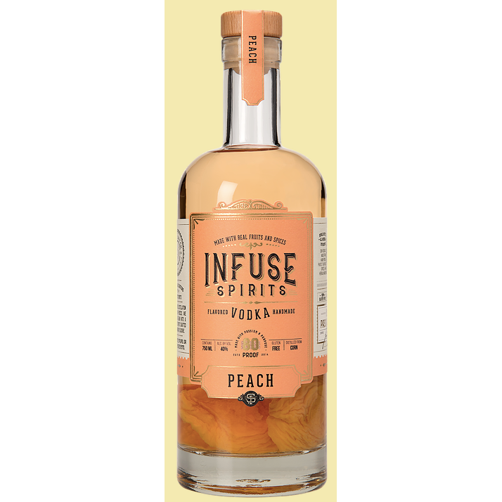 Buy Infuse Spirits Peach Vodka online at whiskeyshipped.com and have it shipped to your door nationwide. A wave of fresh peaches hits you the moment you uncork the bottle. There isn't any artificial peach flavoring here. Instead, you'll find a familiar, pleasant, and sweet true-peach scent. And because of the vodka's corn base, the bright tawny spirit is reminiscent of peach-flavored bourbon—it has a boozy presence, yet a long finish with hints of vanilla and bruised peaches.