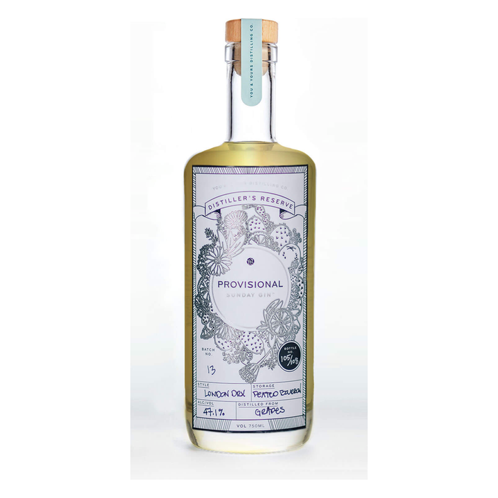 Y&Y Provisional Sunday Gin (750ml). From a new distillery in downtown San Diego comes a modern take on a classic spirit. This limited release distiller's reserve is a single malt batch in their Winter Gin style. 47.5% ABV