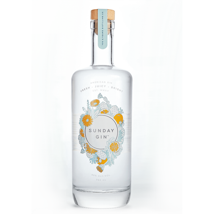 Y&Y Sunday Gin (750ml). A modern take on American-style gin. Fresh citrus, familiar juniper and an elegant floral finish create an elevated, highly drinkable gin. Distilled from grapes, bottled at 40% ABV.