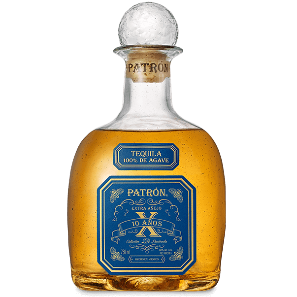 Buy Patrón Extra Añejo 10 Años online and have it shipped to your door nationwide. Patron Extra Anejo 10 Year is the oldest tequila made at the Hacienda Patrón distillery in Jalisco, Mexico. The finest 100% Weber Blue Agave is harvested, baked, distilled and then aged for an impressive 10 years in American oak barrels and hybrid American/French Limousin oak barrels.