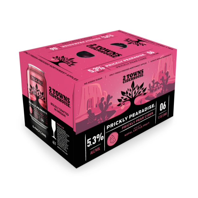 2 Towns Prickly Pearadise Cider Cider 6-Pack Can (12oz). Fruity and earthy, Prickly Pearadise brings some desert flare to the PNW. We use a fusion of NW apples & prickly pear cactus fruit to create a vibrant flavor oasis, proving that a little paradise can be found even in the prickliest of places.